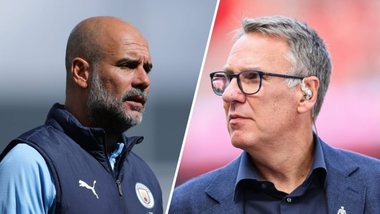 Split image - Pep Guardiola during Man City training (left) Paul Merson doing punditry work (right)