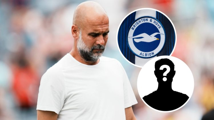 Pep Guardiola walking with his head down (main image) inset of the Brighton badge (top right corner) mystery player inset (bottom right corner)