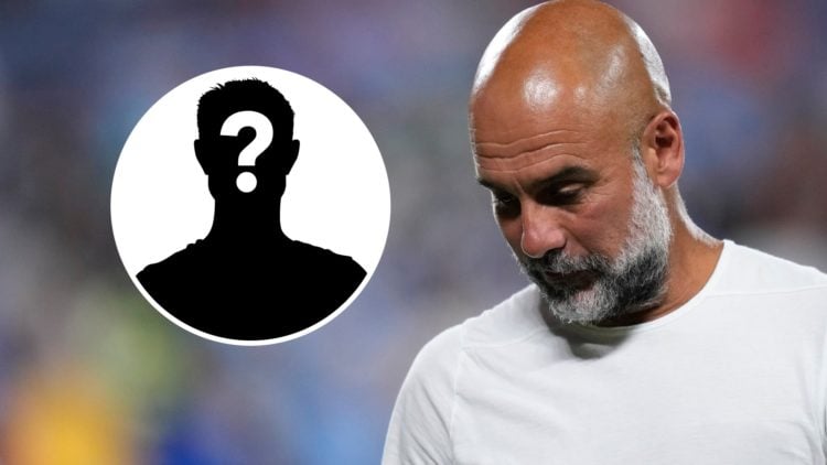 Pep Guardiola walking with his head down (main image) mystery player inset (top left corner)