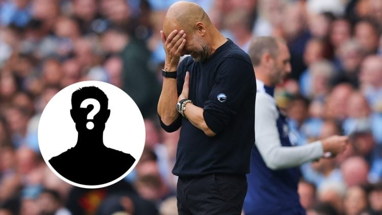 Pep Guardiola with his hand on his head (main image) mystery player inset (bottom left corner)