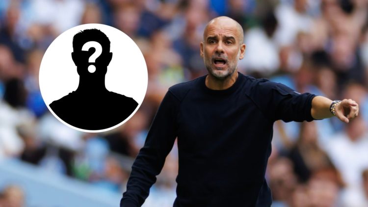Pep Guardiola pointing during a Man City match (main image) mystery player inset (top left corner)