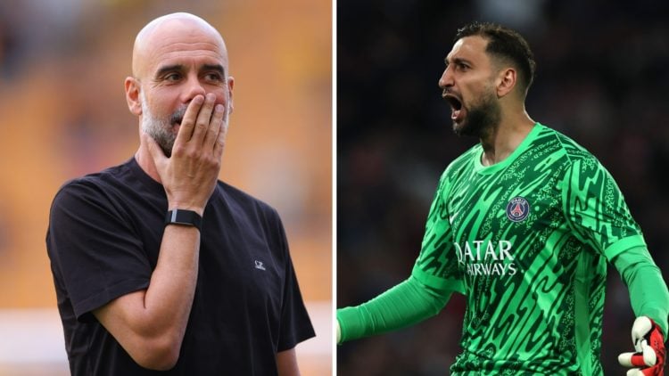 Split image - Pep Guardiola with his hand over his mouth (left) Gianluigi Donnarumma celebrates a PSG goal (right)