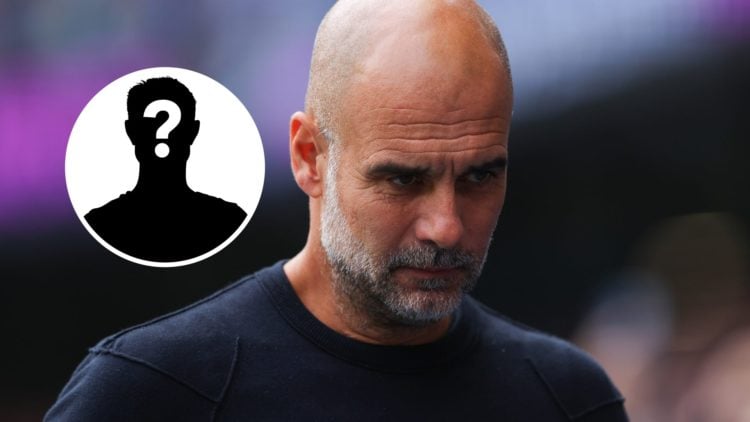 Man City manager Pep Guardiola looking serious (main image) mystery player inset (top left corner)