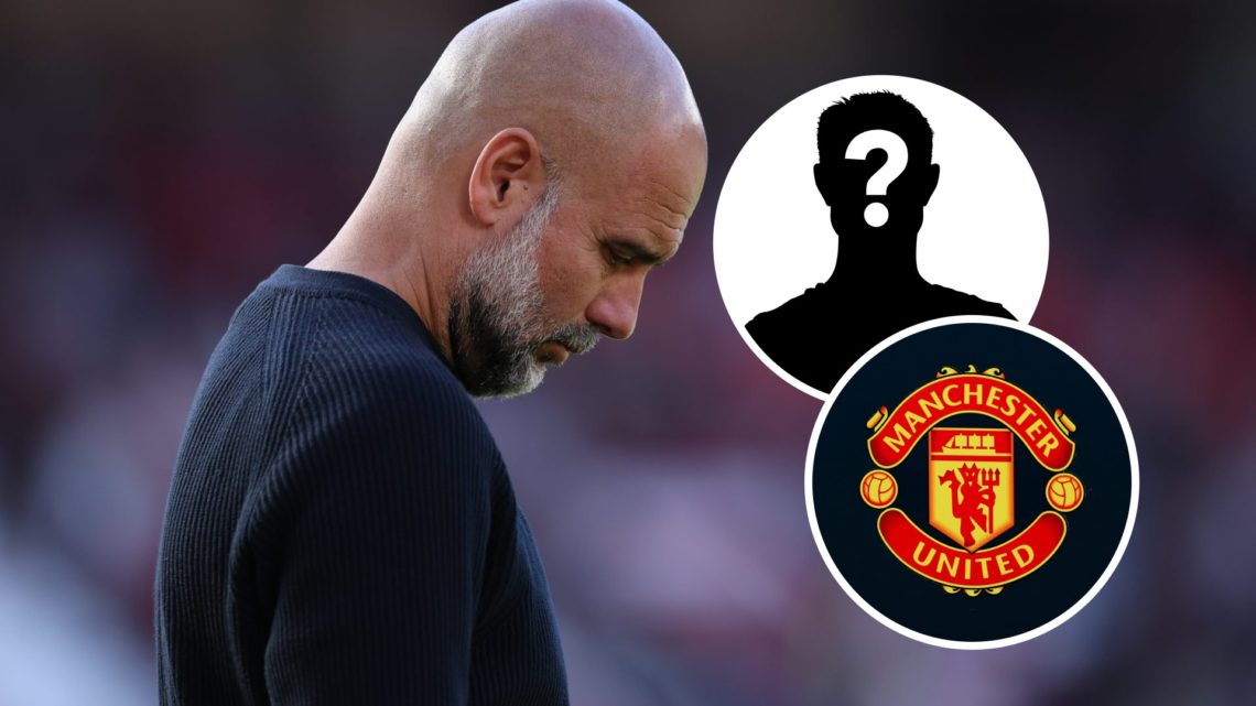 Pep Guardiola with his head down (main image) inset of the Man United badge (bottom right corner) mystery player inset (top right corner)