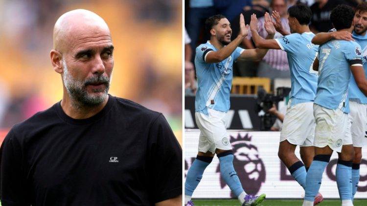 Split image - Pep Guardiola during Man City's win over Wolves (left) Rayan Cherki and Tijjani Reijnders celebrate a goal (right)