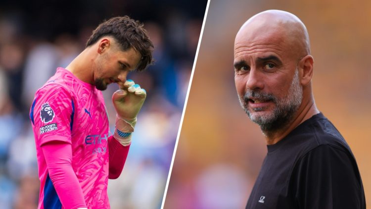Split image - James Trafford touching his nose (left) Pep Guardiola looking concerned (right)