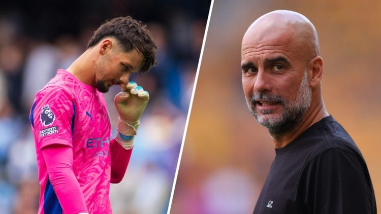 Split image - A despondent James Trafford after his Tottenham mistake (left) Pep Guardiola looking concerned (right)