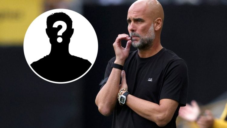 Pep Guardiola looking concerned during Wolves vs Man City (main image) mystery player inset (top left corner)