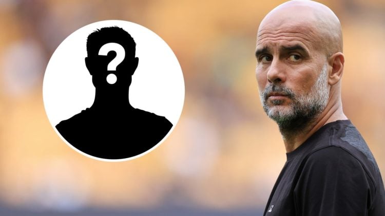 Pep Guardiola looking around (main image) mystery player inset (top left corner)