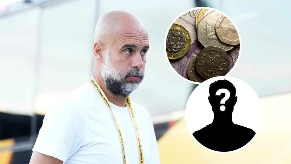 Pep Guardiola walking with his cheeks puffed (main image) inset of British pound coins (top right corner) mystery player inset (bottom right corner)