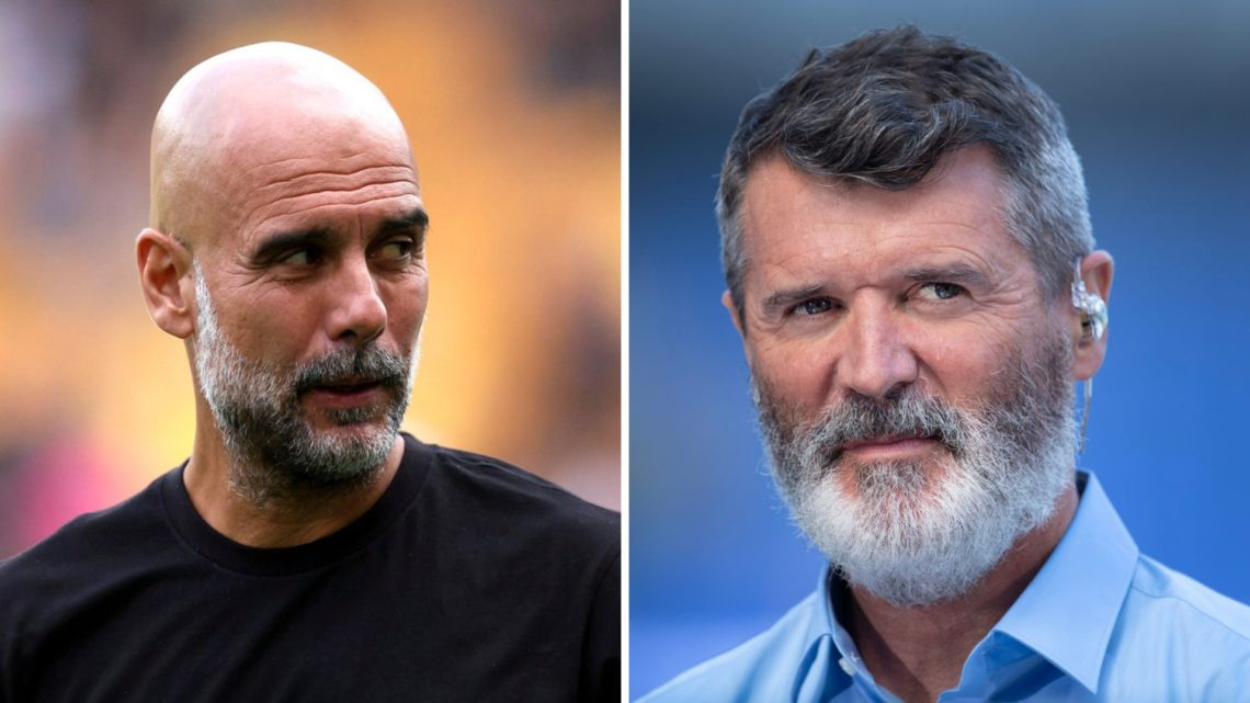 Split image - close up of Man City manager Pep Guardiola (left) Roy Keane doing punditry work (right)