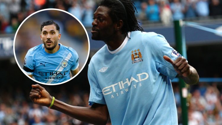 Emmanuel Adebayor in action during a Premier League clash between Manchester City and Birmingham, Rayan Cherki inset