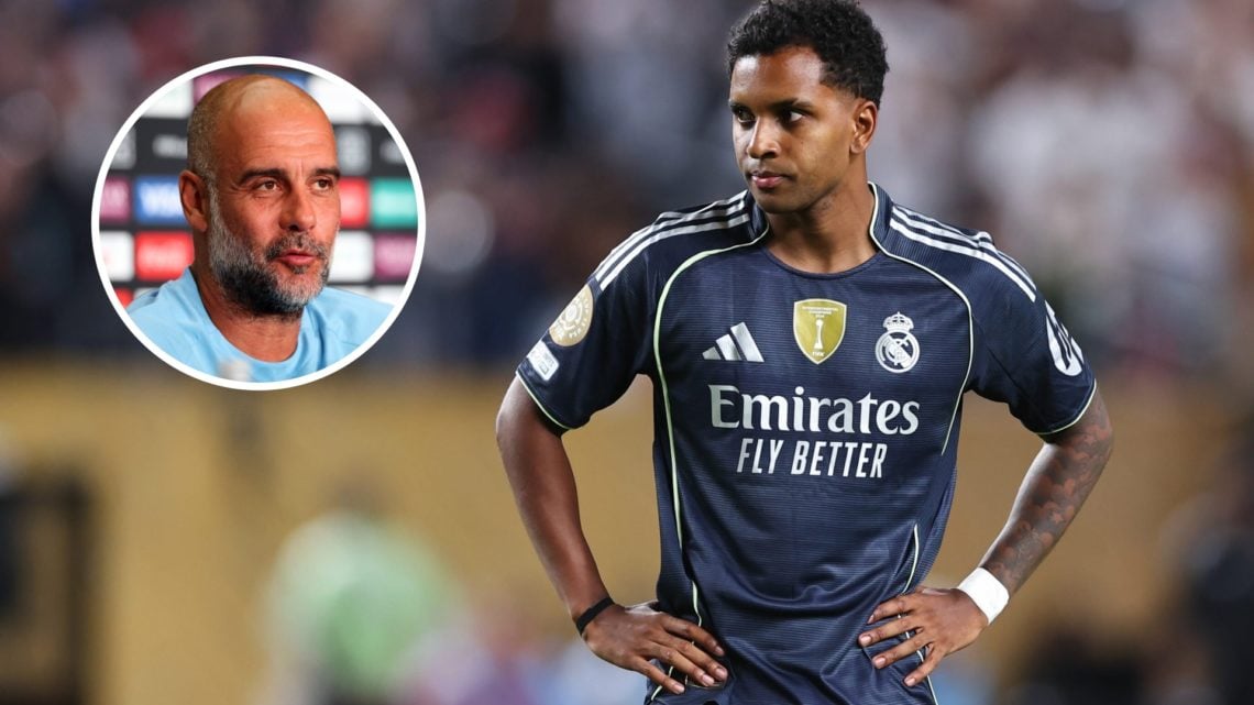 Real Madrid forward Rodrygo with inset of Manchester City manager Pep Guardiola