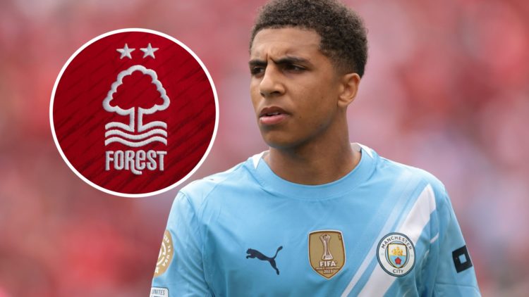 Rico Lewis in action for Man City (main image) inset of the Nottingham Forest badge (top left corner)