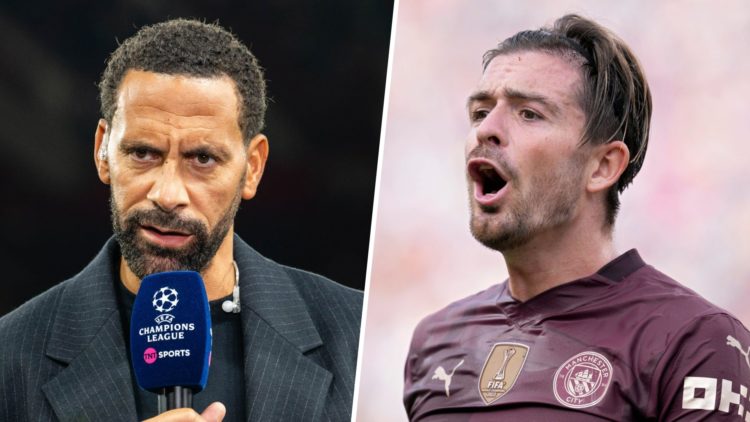 Split image - Rio Ferdinand speaks into a TNT Sports microphone (left) Jack Grealish in action for Man City (right).