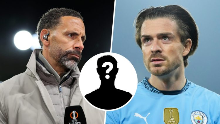 Split image - Rio Ferdinand holding a TNT Sports microphone (left) Jack Grealish in action for Man City (right) mystery player inset (middle)