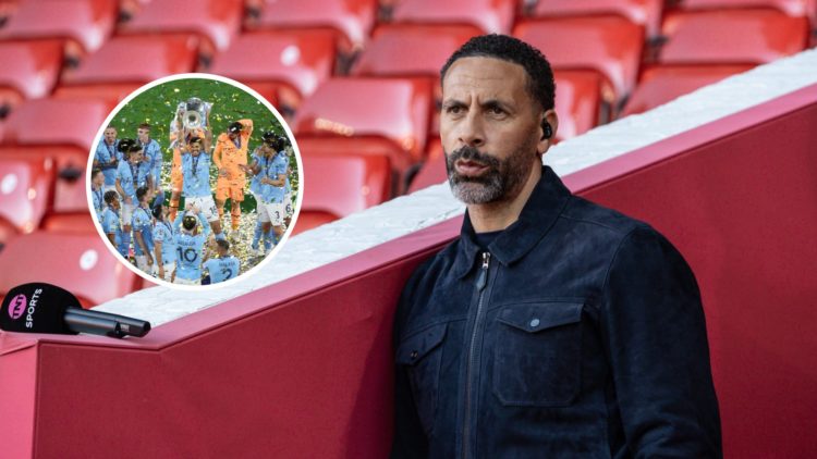 Rio Ferdinand with inset of Manchester City celebrating 2023 Champions League win