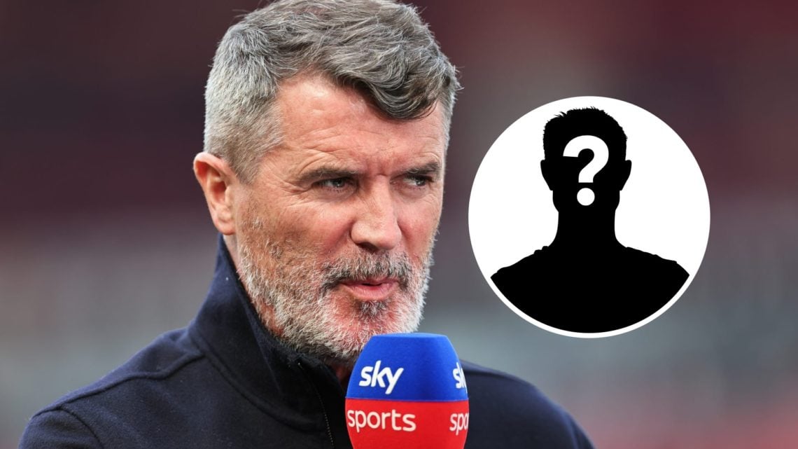 Roy Keane speaking into a Sky Sports microphone (main image) mystery player inset (top right corner)
