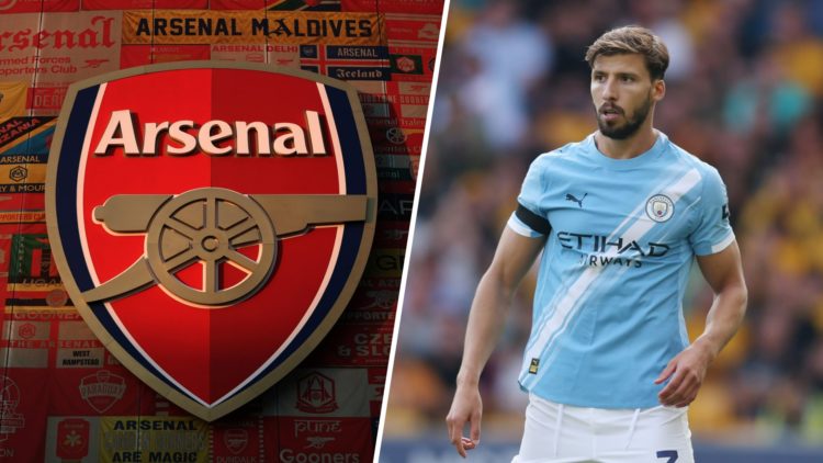 Split image - the Arsenal badge (left) Ruben Dias in action for Man City (right)
