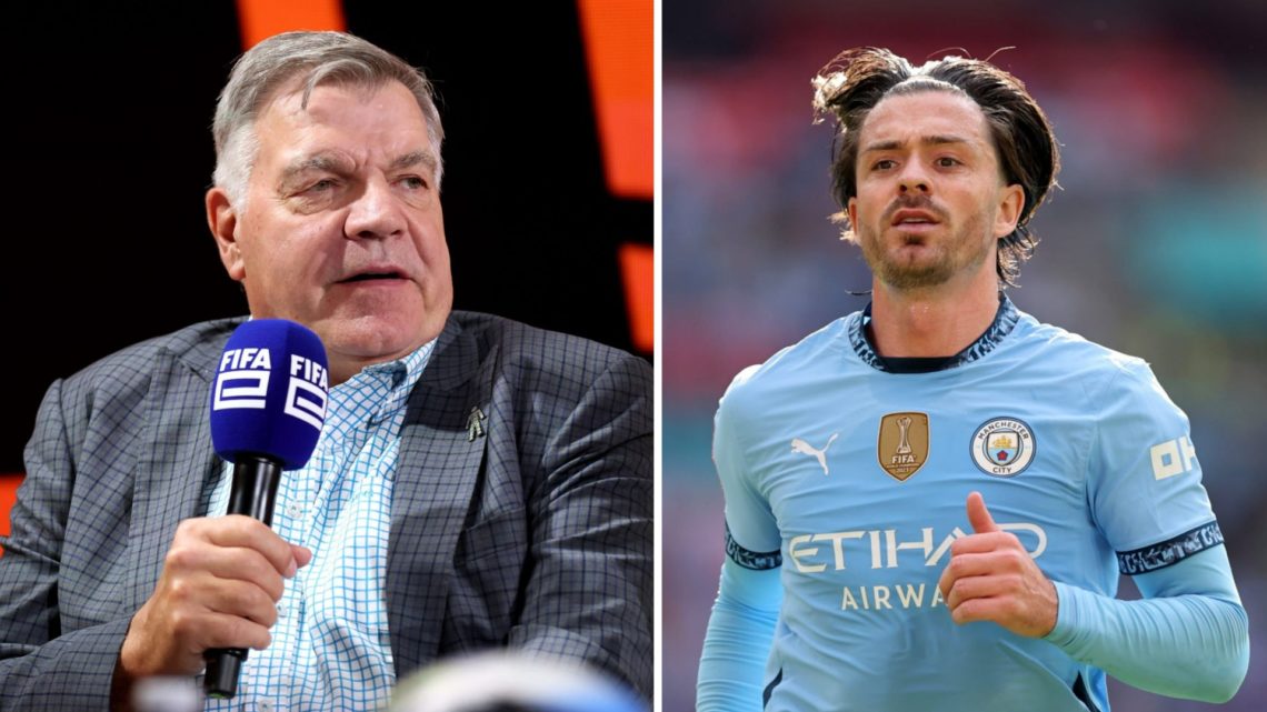 Split image - Sam Allardyce speaking into a microphone (left) Jack Grealish in action for Man City (right)