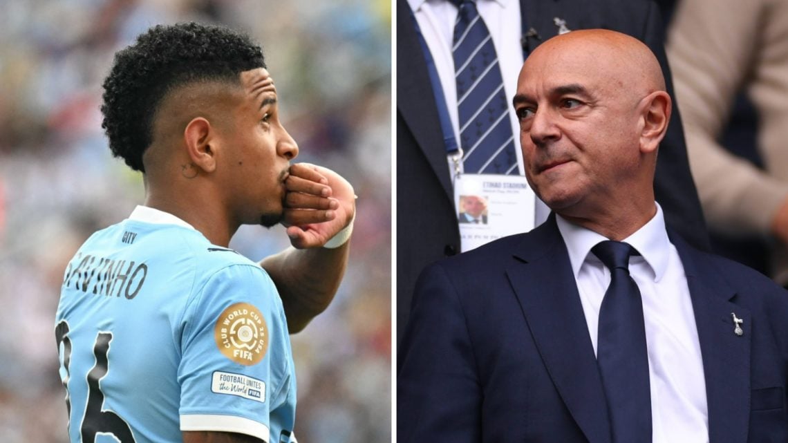 Split image - Savinho kissing his finger (left) Daniel Levy at a Tottenham match (right)