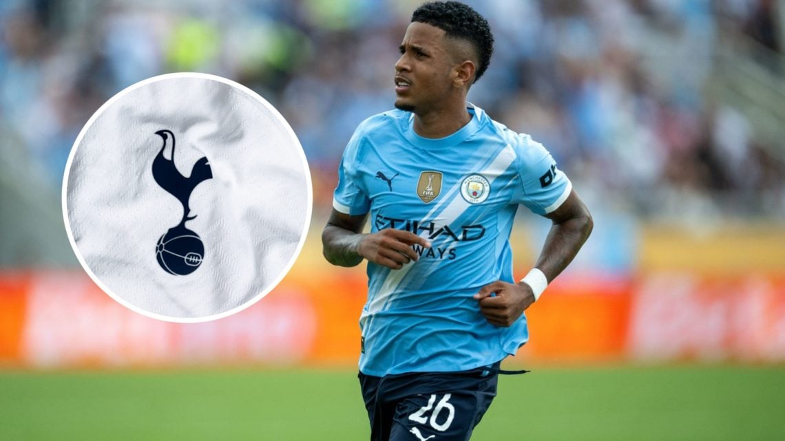 Savinho in action for Man City (main image) inset of the Tottenham badge (top left corner)