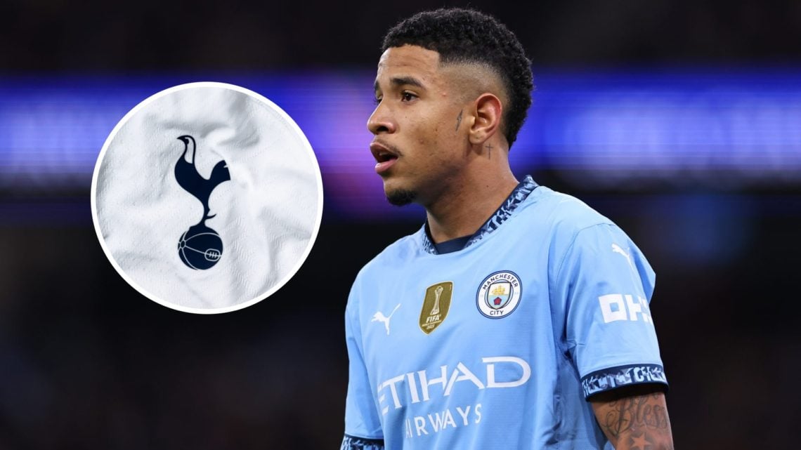 Savinho in action for Manchester City (main image) inset of the Tottenham badge (top left corner)