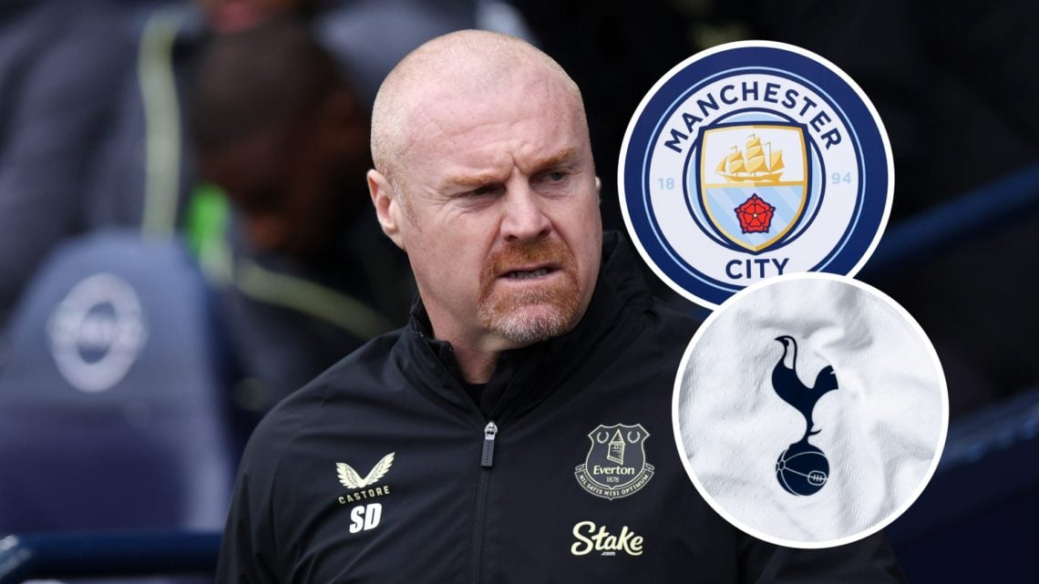 Sean Dyche as Everton manager (main image) inset of the Man City badge (top right corner) inset of the Tottenham badge (bottom right corner)