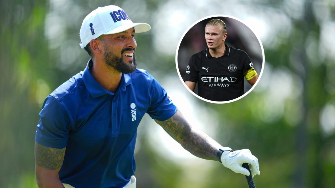 Theo Walcott with inset of Manchester City striker Erling Haaland