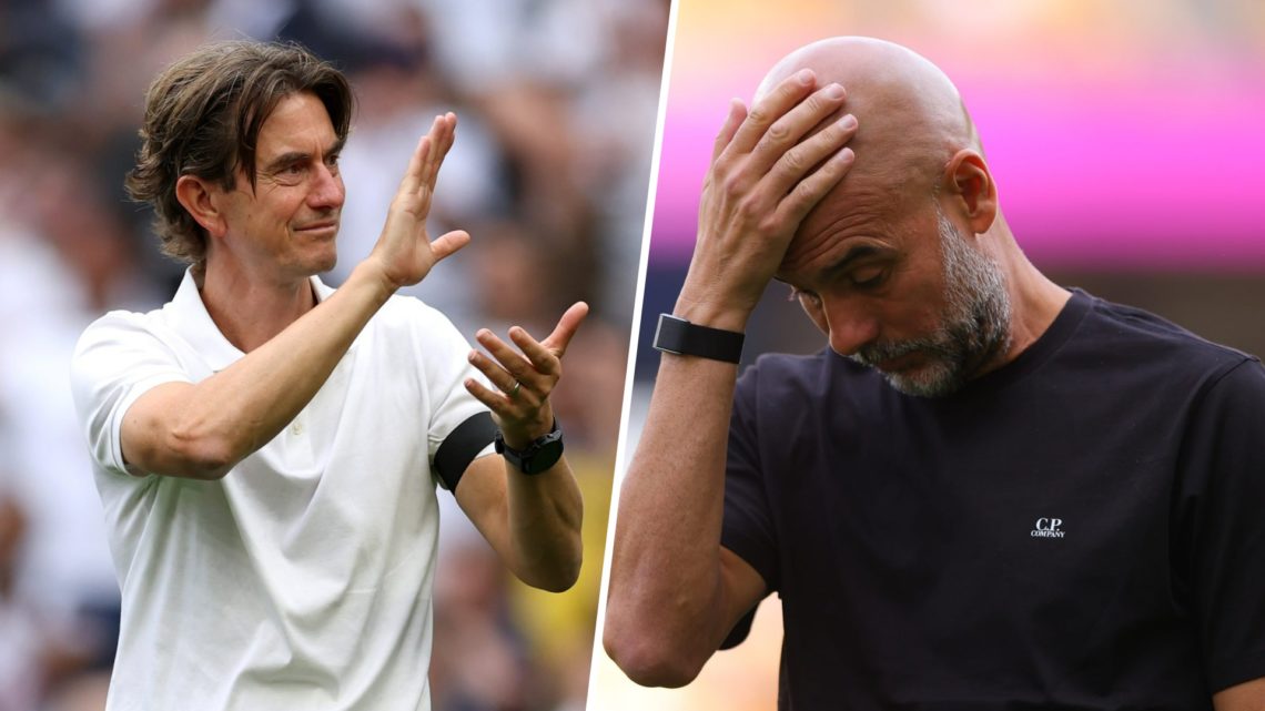 Split image - Thomas Frank applauds Tottenham fans (left) Pep Guardiola with his hand on his head (right)