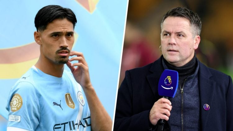 Split image - Tijjani Reijnders touching his face during the Club World Cup (left) Michael Owen with a microphone in his hand (right)
