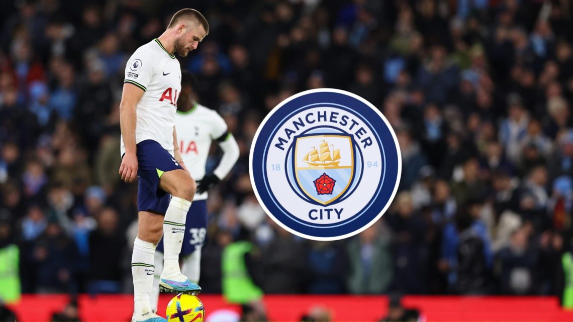 Tottenham Hotspur defender Eric Dier with inset of Manchester City badge