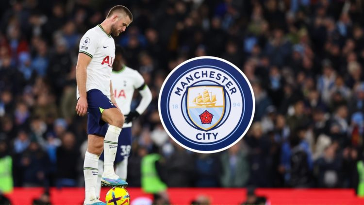 Tottenham Hotspur defender Eric Dier with inset of Manchester City badge