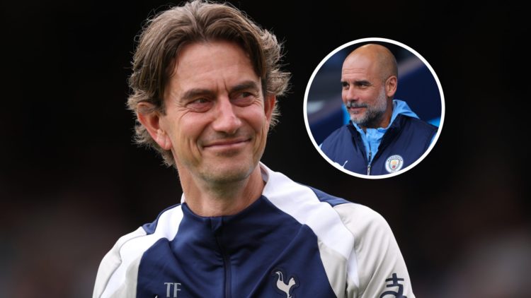 Tottenham Hotspur manager Thomas Frank with inset of Manchester City boss Pep Guardiola