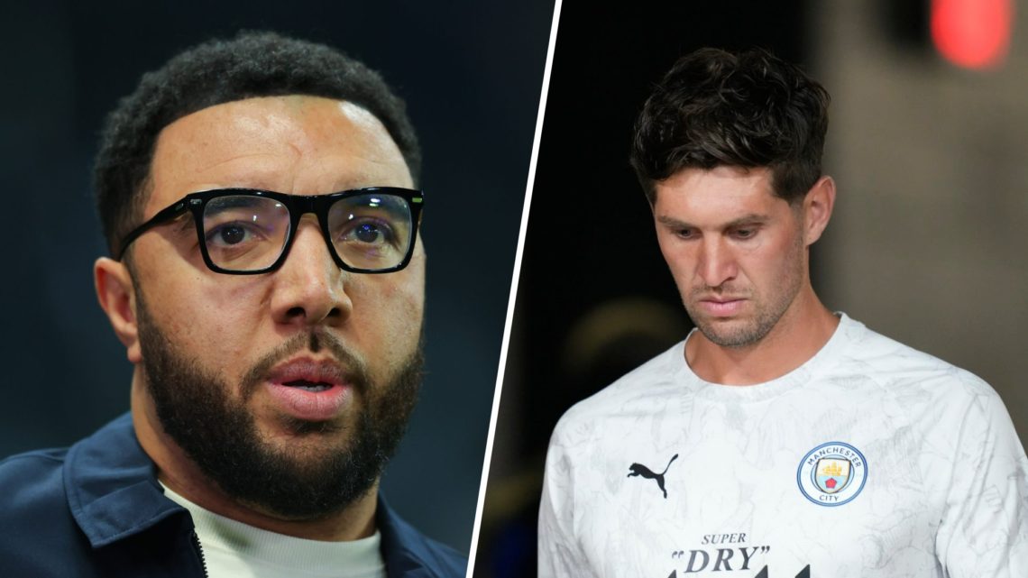 Split image - Troy Deeney working as a pundit (left) John Stones with his head down before a Man City match (right)