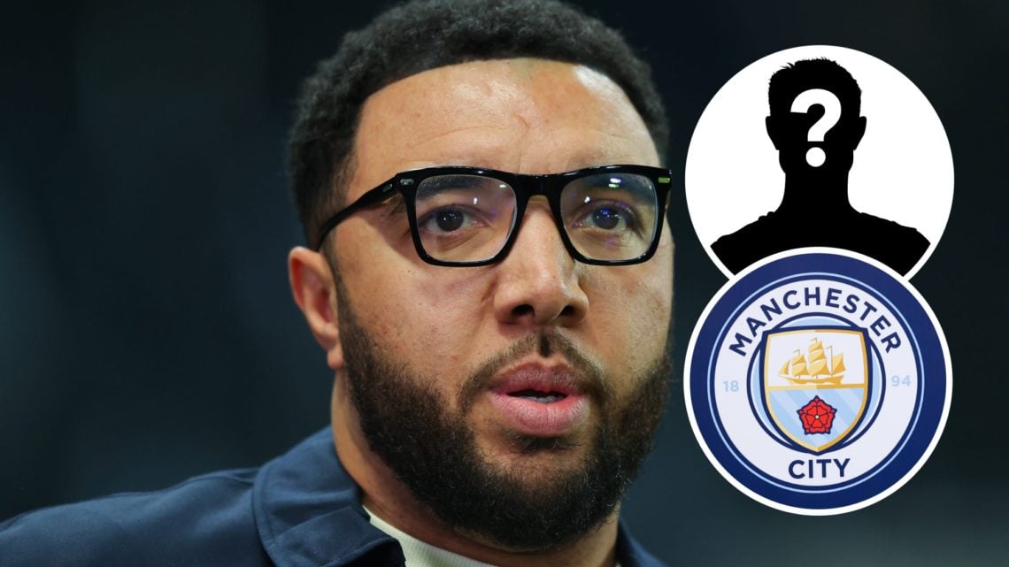 Troy Deeney with inset of Manchester City badge and mystery silhouette