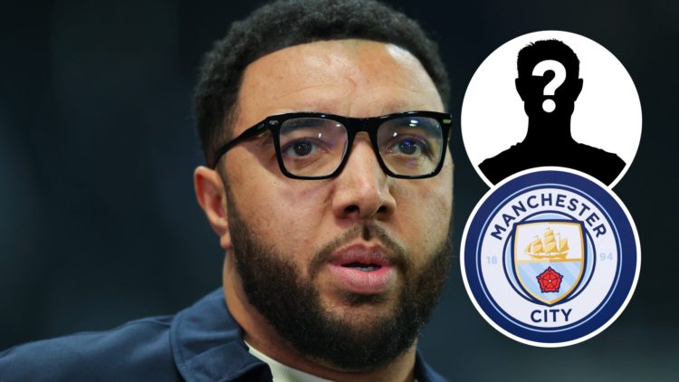 Troy Deeney with inset of Manchester City badge and mystery silhouette