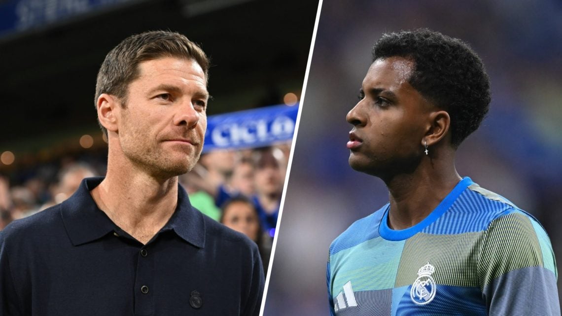 Split image - close up of Real Madrid coach Xabi Alonso (left) Rodrygo warming up (right)