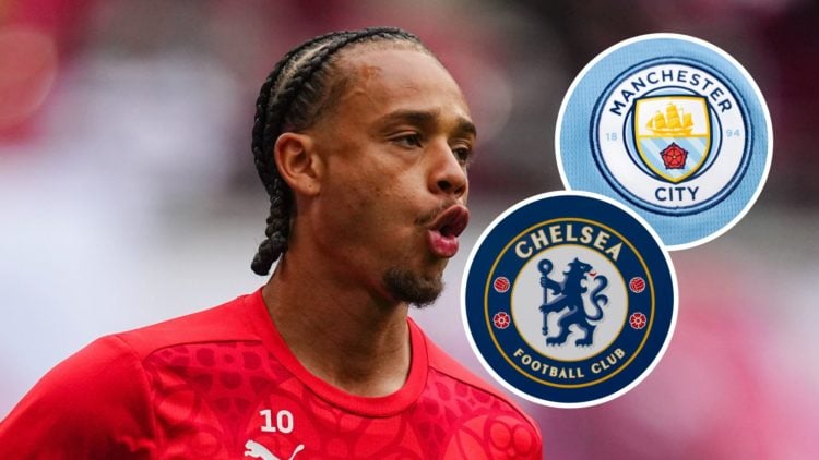 Xavi Simons warming up ahead of an RB Leipzig match (main image) inset of the Man City badge (top right corner) inset of the Chelsea badge (bottom ...