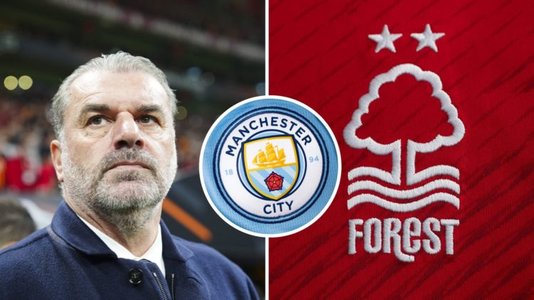 Split Image of Ange Postecoglou looking on (left) and Nottingham Forest badge (right) with inset of Manchester City badge (middle)