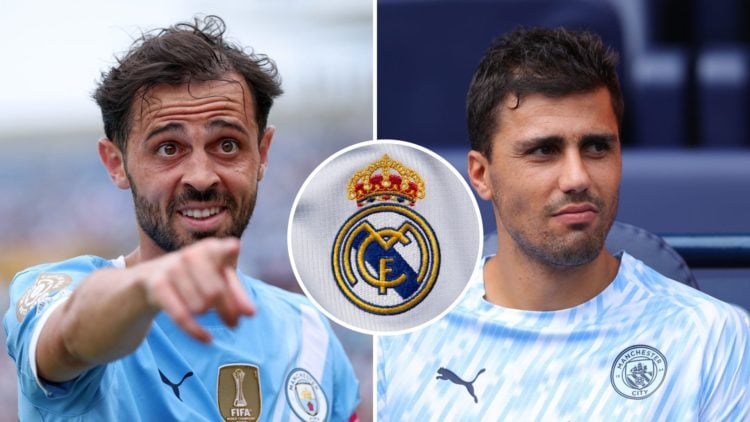 Split Image of Manchester City's Bernardo Silva pointing (left) and Rodri looking on (right) with inset of Real Madrid badge (middle)