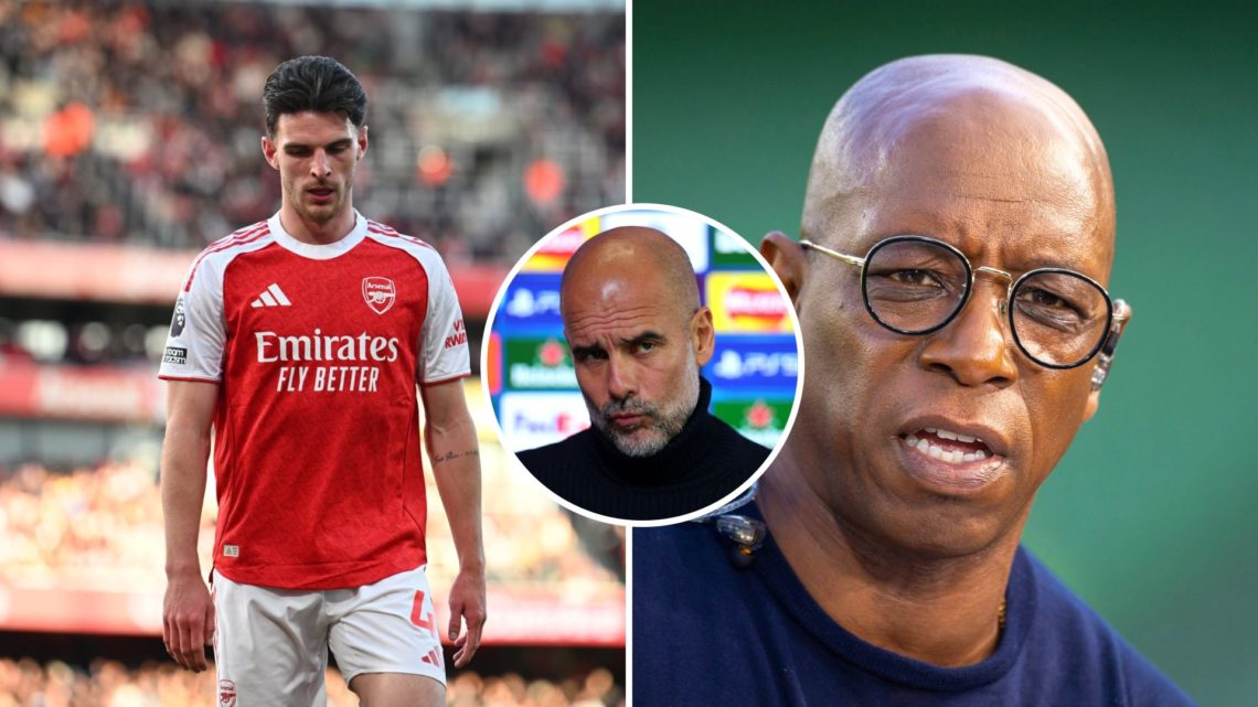 Split Image of Arsenal's Declan Rice in action (left) and Ian Wright looking confused (right) with inset of Manchester City's Pep Guardiola looking...