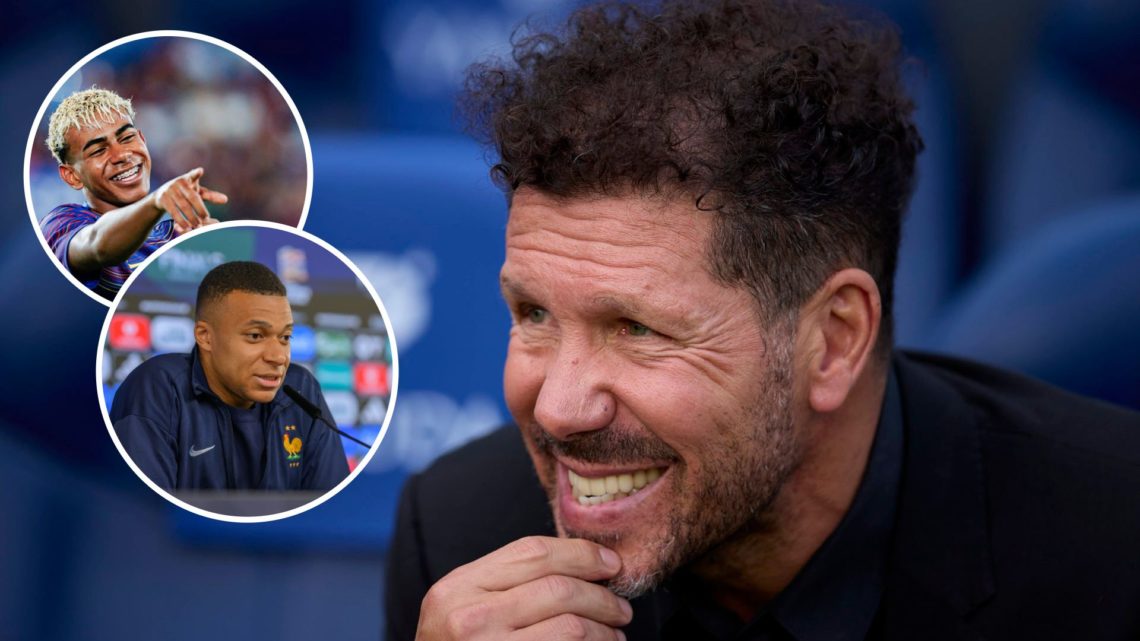 Diego Simone looking on (main image) with insets of Lamine Yamal smiling (top left corner) and Kylian Mbappe speaking (left to the middle)
