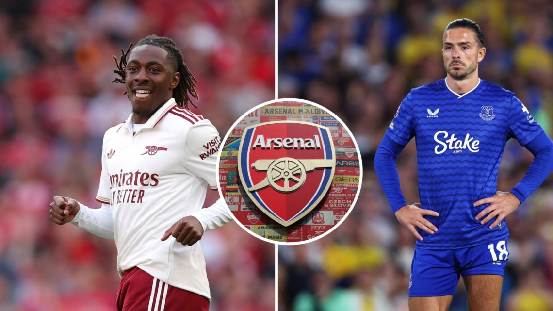 Split Image of Eberechi Eze (left) in action and Jack Grealish looking on (right) with inset of Arsenal badge (middle)