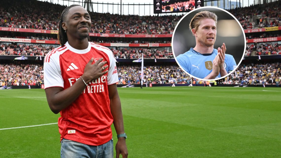 Arsenal's Eberechi Eze smiling (main image) with inset of Kevin De Bruyne clapping the Manchester City fans against Fulham (right)