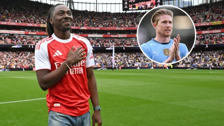 Arsenal's Eberechi Eze smiling (main image) with inset of Kevin De Bruyne clapping the Manchester City fans against Fulham (right)