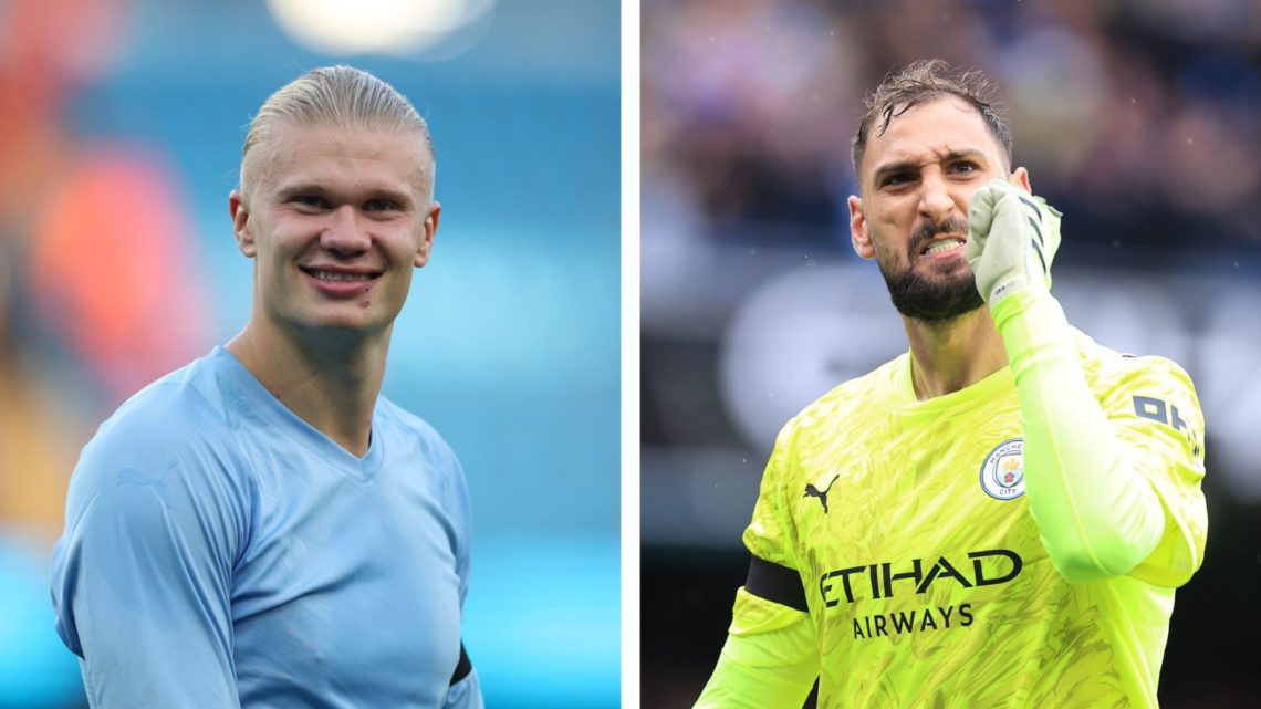 Split Image of Manchester City's Erling Haaland smiling (left) and Gianluigi Donnarumma celebrating (right)