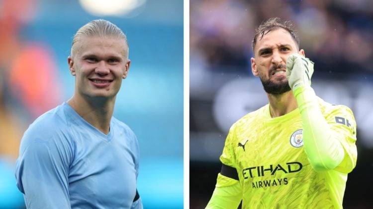 Split Image of Manchester City's Erling Haaland smiling (left) and Gianluigi Donnarumma celebrating (right)