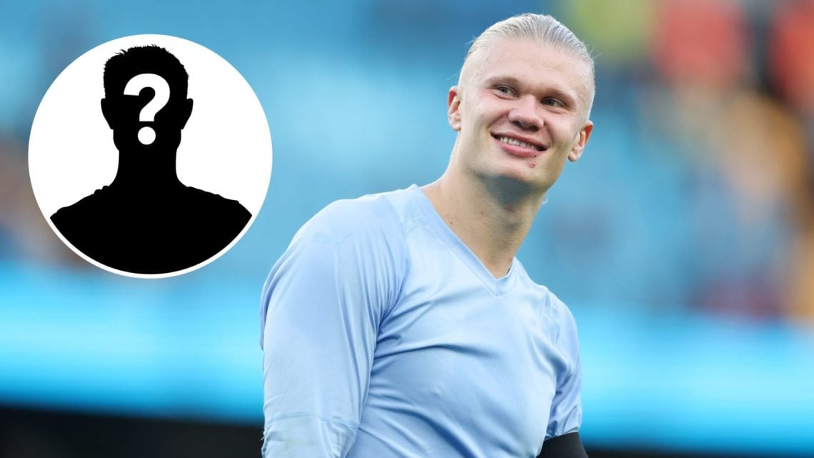 Erling Haaland of Manchester City smiling (main image) with inset of mystery player (top left corner)