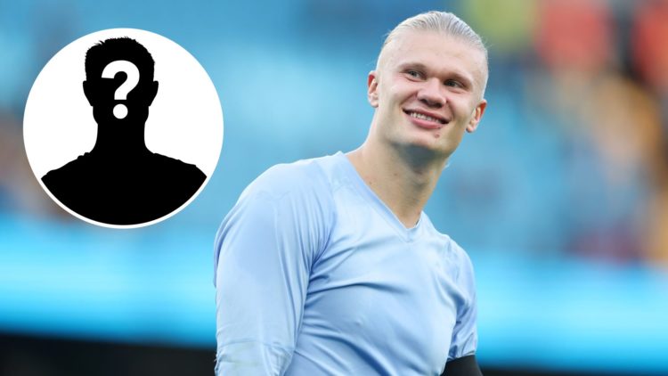 Erling Haaland of Manchester City smiling (main image) with inset of mystery player (top left corner)